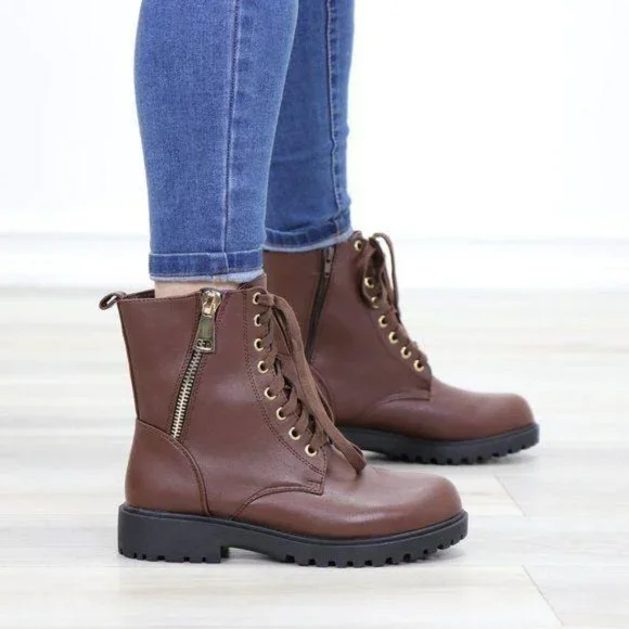 Faux leather brown laced up combat boots - Picture 5 of 11